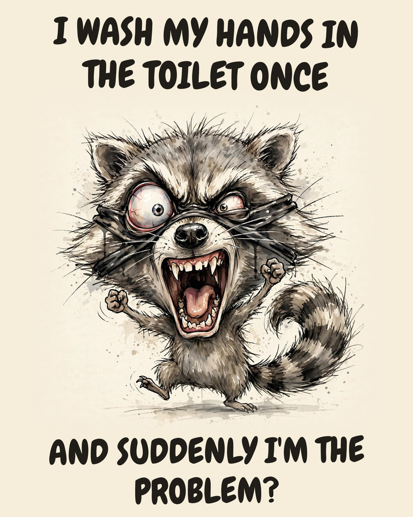 Raccoon watercolor art print with the saying "I WASH MY HANDS IN THE TOILET ONCE AND SUDDENLY I'M THE PROBLEM?"