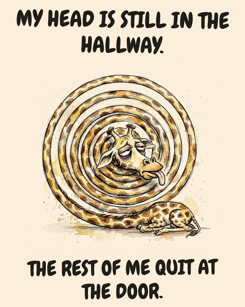 Giraffe watercolor art print with the saying "MY HEAD IS STILL IN THE HALLWAY. THE REST OF ME QUIT AT THE DOOR."