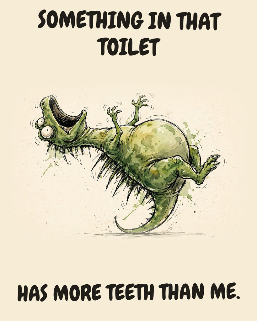 Green Dinosaur watercolor art print with the saying "SOMETHING IN THAT TOILET HAS MORE TEETH THAN ME."