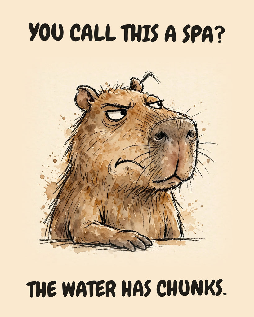 Capybara watercolor art print with the saying "YOU CALL THIS A SPA? THE WATER HAS CHUNKS."