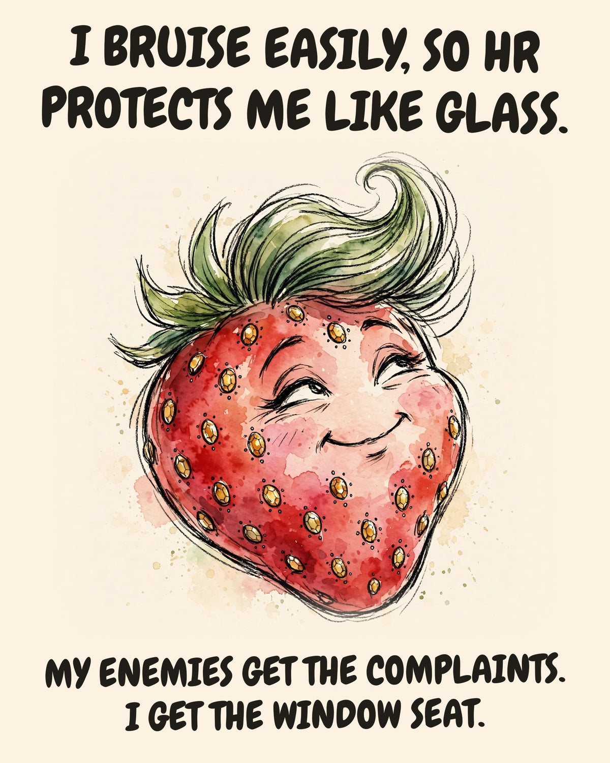 Strawberry watercolor art print with the saying "I BRUISE EASILY, SO HR PROTECTS ME LIKE GLASS. MY ENEMIES GET THE COMPLAINTS. I GET THE WINDOW SEAT."