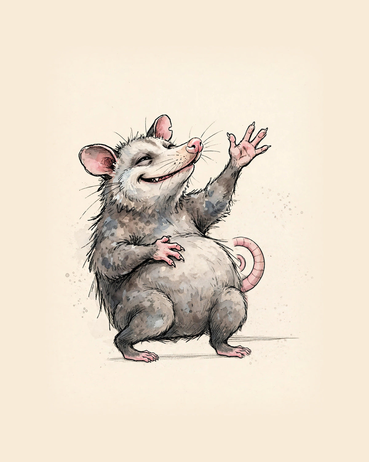Wordless smug Possum watercolor art print — the artwork alone on a warm cream background, no text