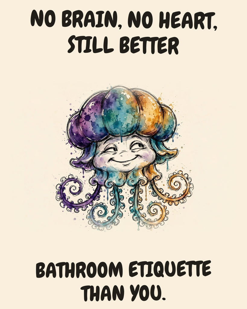 Jellyfish watercolor art print with the saying "NO BRAIN, NO HEART, STILL BETTER BATHROOM ETIQUETTE THAN YOU."