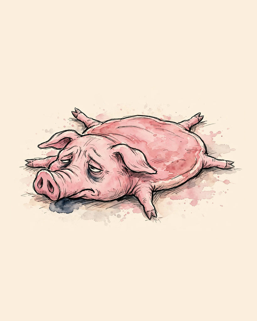 Wordless exhausted Pig watercolor art print — the artwork alone on a warm cream background, no text