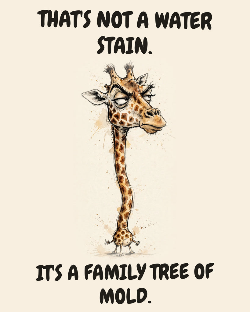 Giraffe watercolor art print with the saying "THAT'S NOT A WATER STAIN. IT'S A FAMILY TREE OF MOLD."