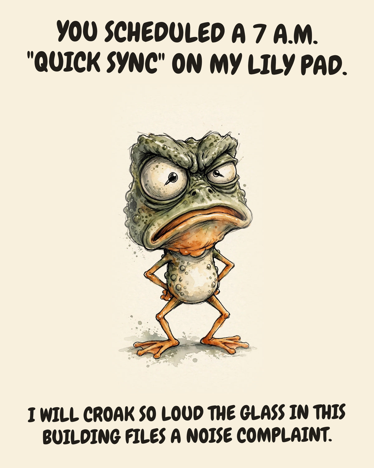 Frog watercolor art print with the saying "YOU SCHEDULED A 7 A.M. "QUICK SYNC" ON MY LILY PAD. I WILL CROAK SO LOUD THE GLASS IN THIS BUILDING FILES A NOISE COMPLAINT."