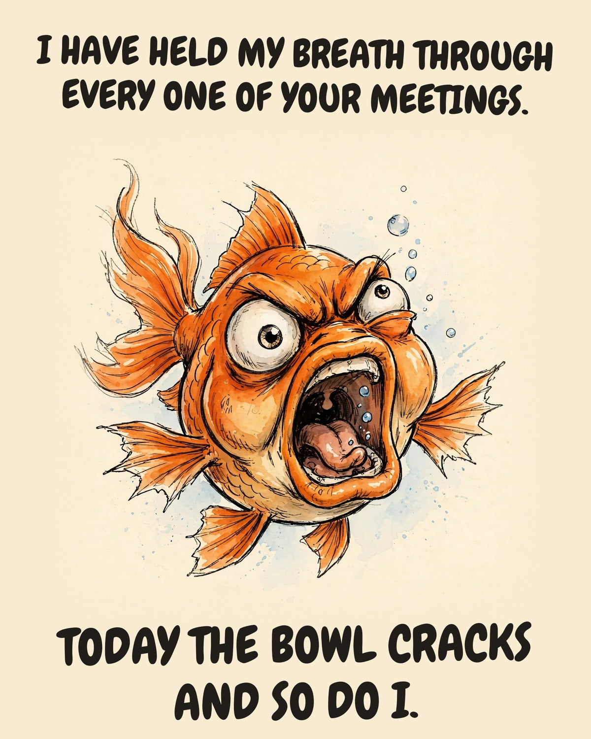 Fish watercolor art print with the saying "I HAVE HELD MY BREATH THROUGH EVERY ONE OF YOUR MEETINGS. TODAY THE BOWL CRACKS AND SO DO I."