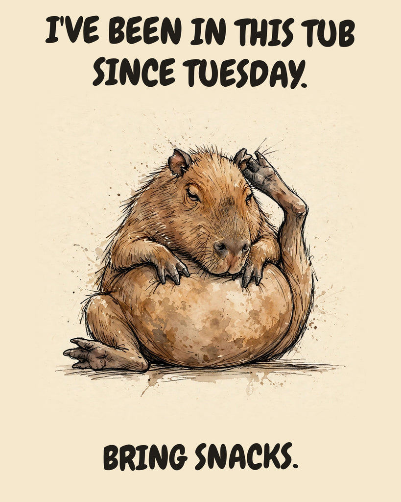Capybara watercolor art print with the saying "I'VE BEEN IN THIS TUB SINCE TUESDAY. BRING SNACKS."