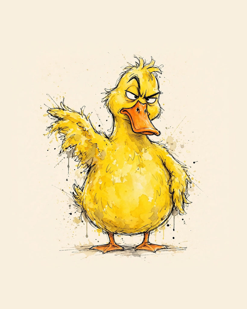 Wordless judgmental Yellow Duck watercolor art print — the artwork alone on a warm cream background, no text