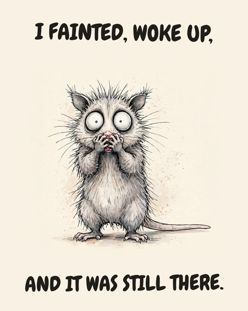 Possum watercolor art print with the saying "I FAINTED, WOKE UP, AND IT WAS STILL THERE."