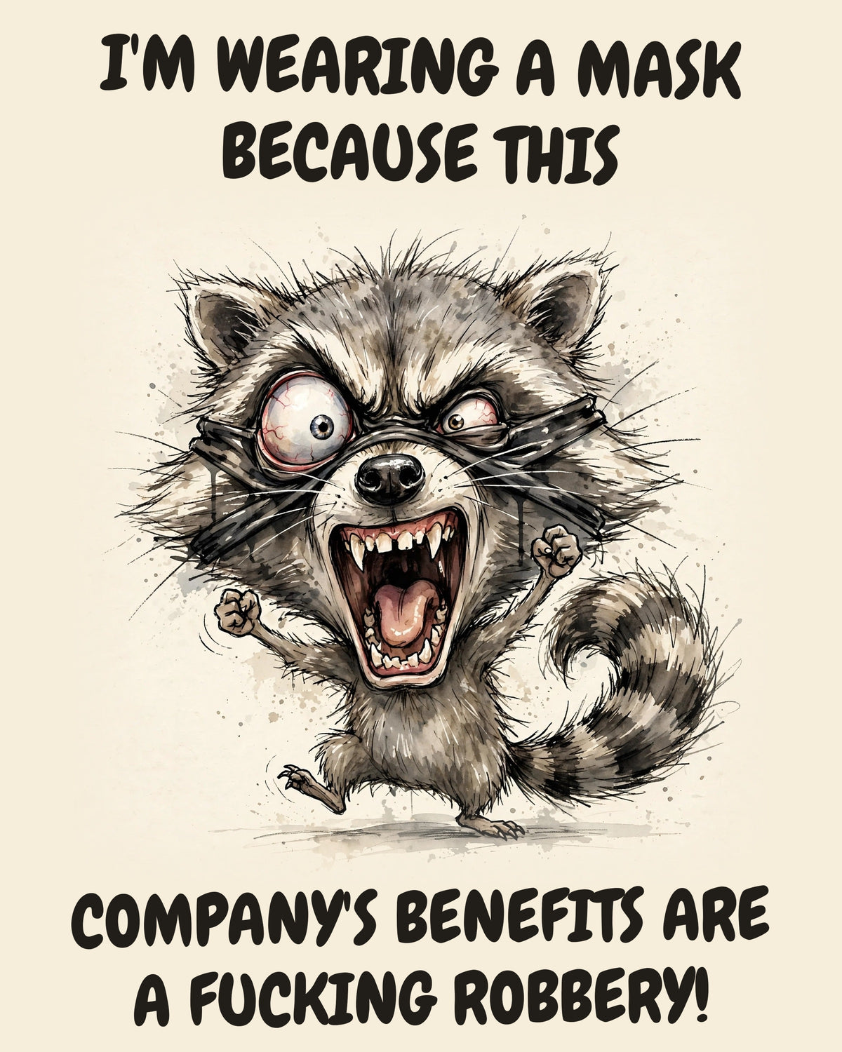 Raccoon watercolor art print with the saying "I'M WEARING A MASK BECAUSE THIS COMPANY'S BENEFITS ARE A FUCKING ROBBERY!"