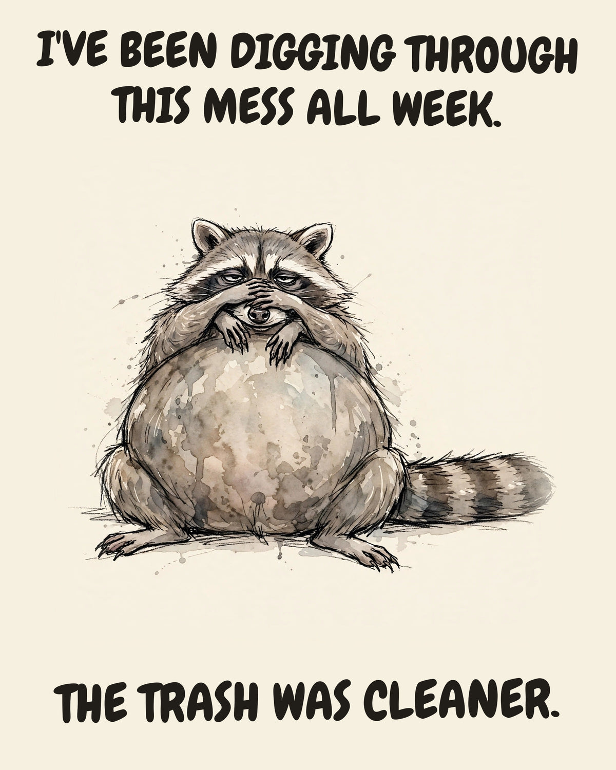 Raccoon watercolor art print with the saying "I'VE BEEN DIGGING THROUGH THIS MESS ALL WEEK. THE TRASH WAS CLEANER."