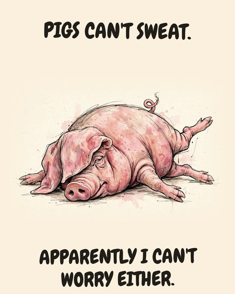 Pig watercolor art print with the saying "PIGS CAN'T SWEAT. APPARENTLY I CAN'T WORRY EITHER."