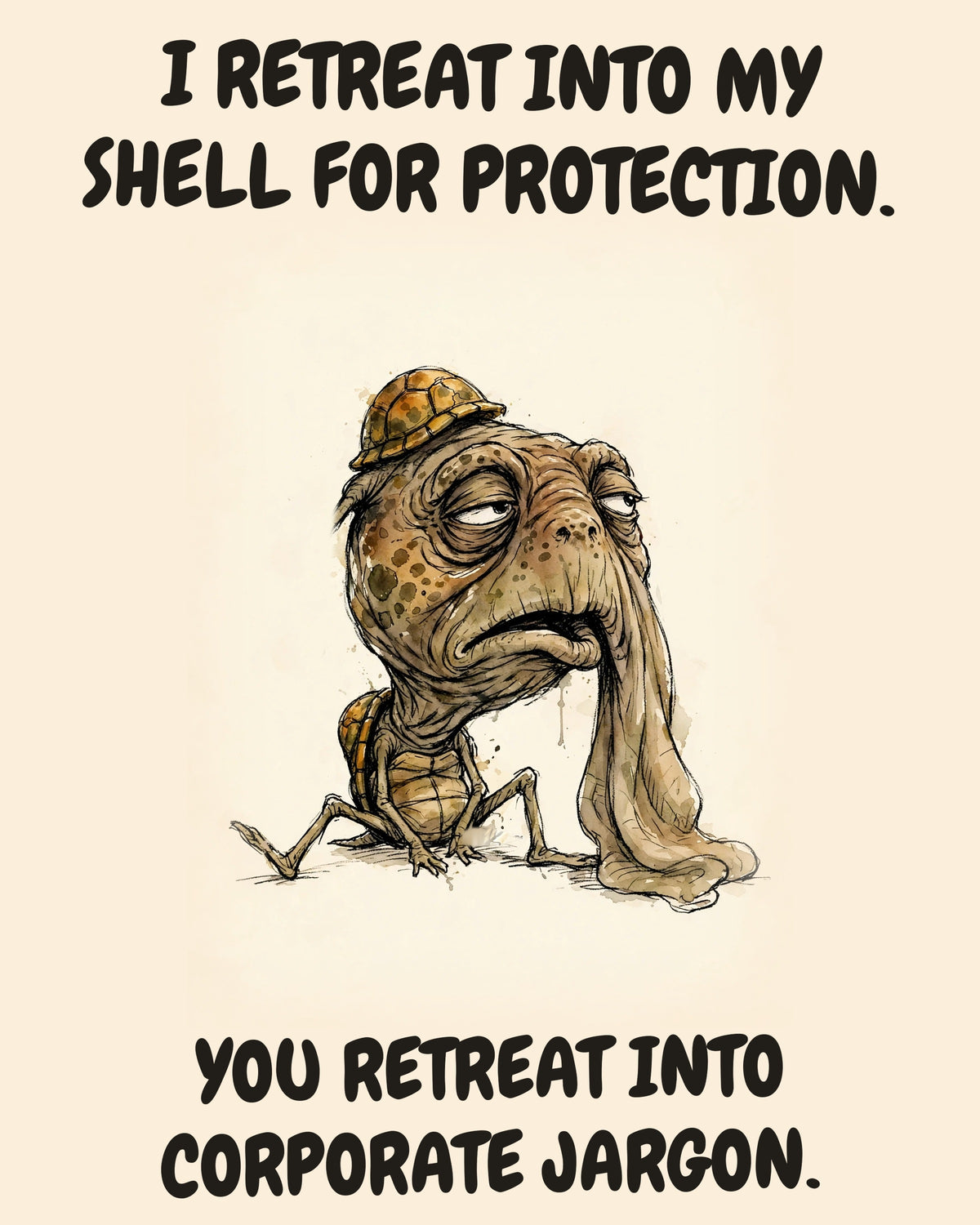 Turtle watercolor art print with the saying "I RETREAT INTO MY SHELL FOR PROTECTION. YOU RETREAT INTO CORPORATE JARGON."