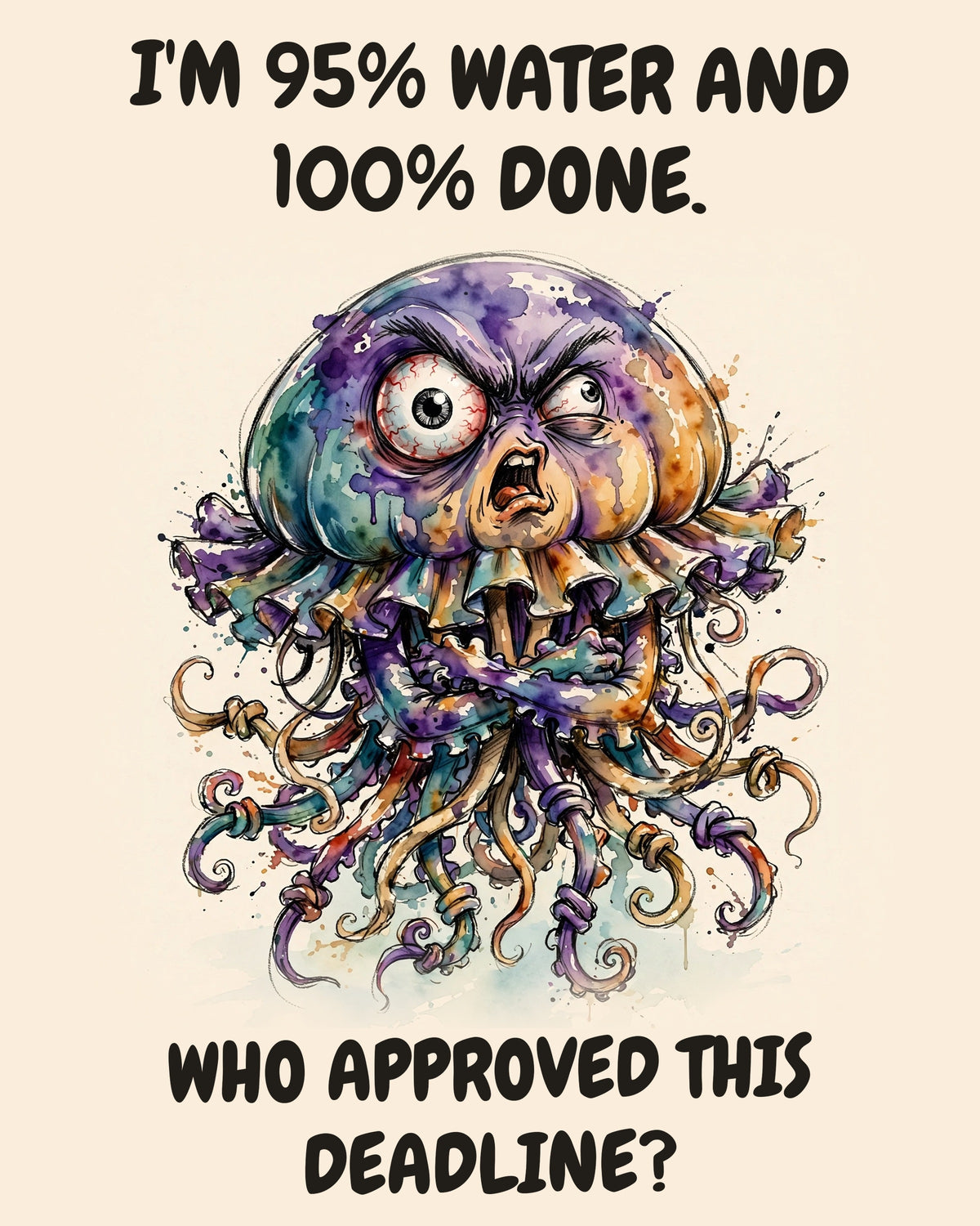 Jellyfish watercolor art print with the saying "I'M 95% WATER AND 100% DONE. WHO APPROVED THIS DEADLINE?"