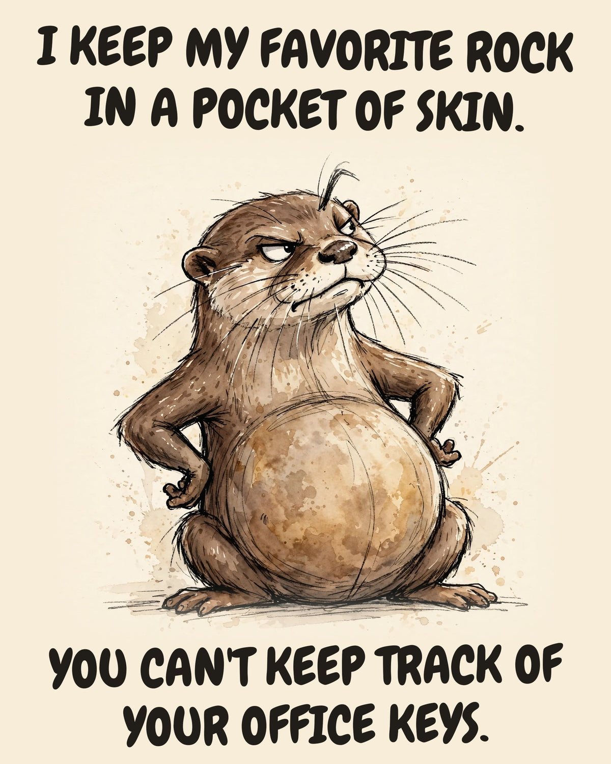 Otter watercolor art print with the saying "I KEEP MY FAVORITE ROCK IN A POCKET OF SKIN. YOU CAN'T KEEP TRACK OF YOUR OFFICE KEYS."