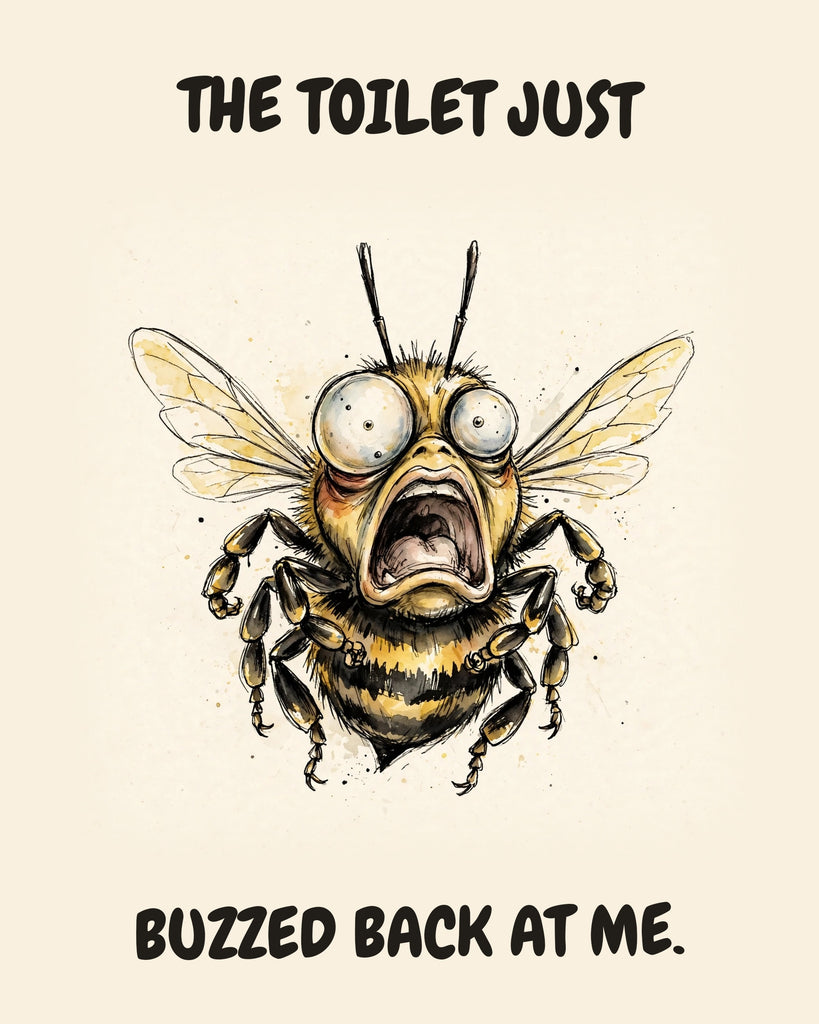 Bee watercolor art print with the saying "THE TOILET JUST BUZZED BACK AT ME."