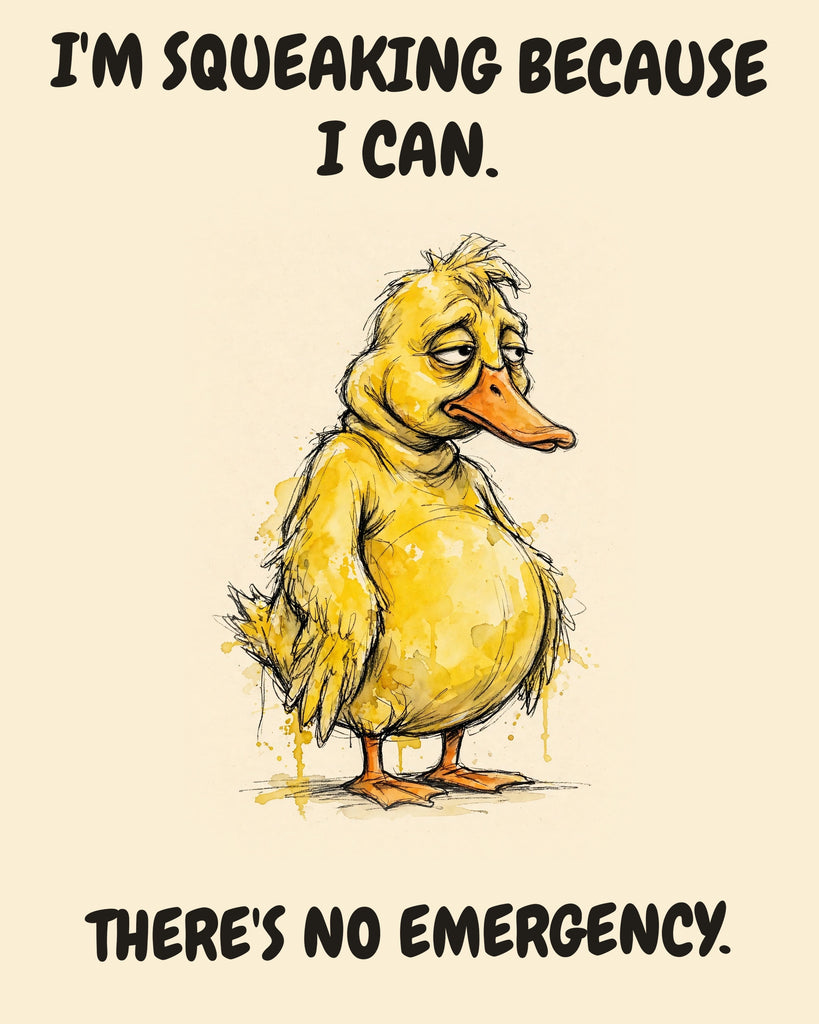 Yellow Duck watercolor art print with the saying "I'M SQUEAKING BECAUSE I CAN. THERE'S NO EMERGENCY."