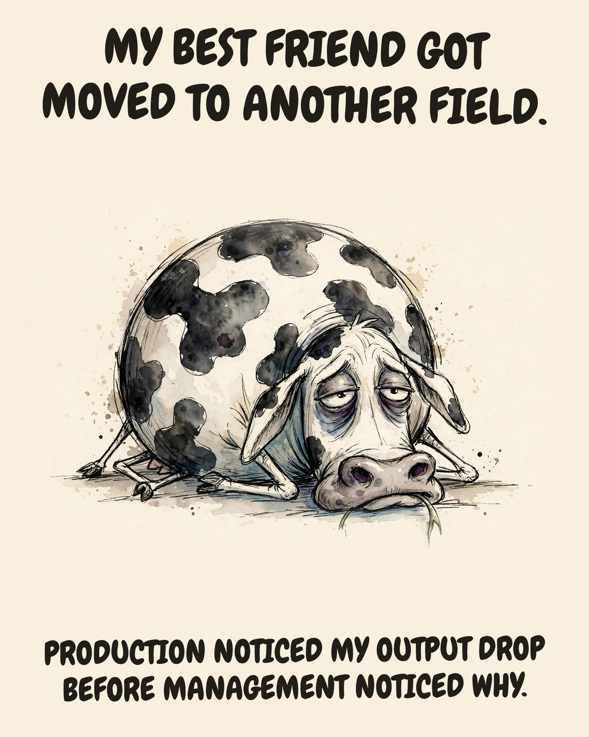 Cow watercolor art print with the saying "MY BEST FRIEND GOT MOVED TO ANOTHER FIELD. PRODUCTION NOTICED MY OUTPUT DROP BEFORE MANAGEMENT NOTICED WHY."