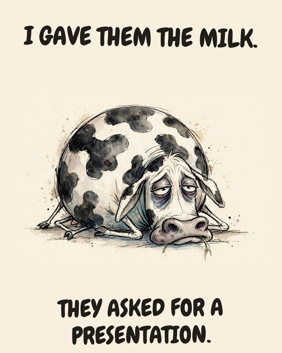 Cow watercolor art print with the saying "I GAVE THEM THE MILK. THEY ASKED FOR A PRESENTATION."