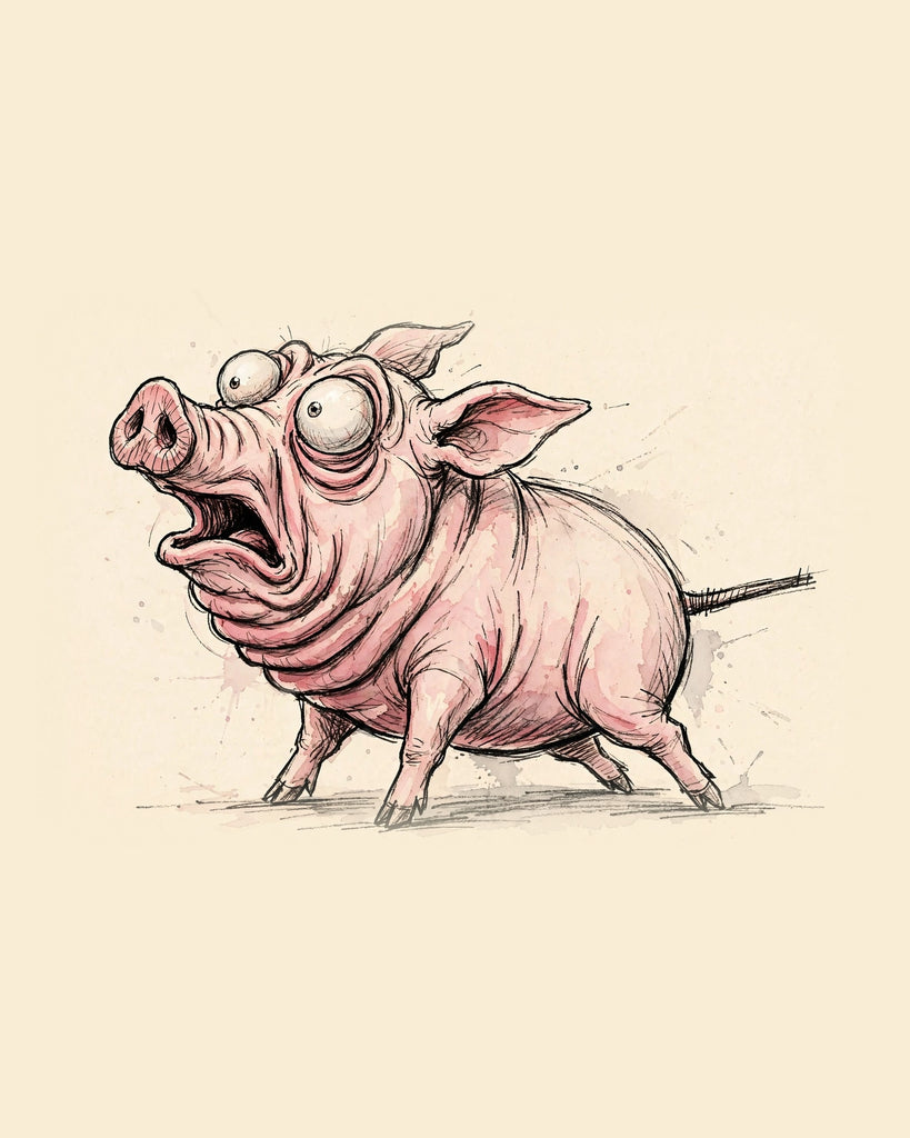 Wordless horrified Pig watercolor art print — the artwork alone on a warm cream background, no text