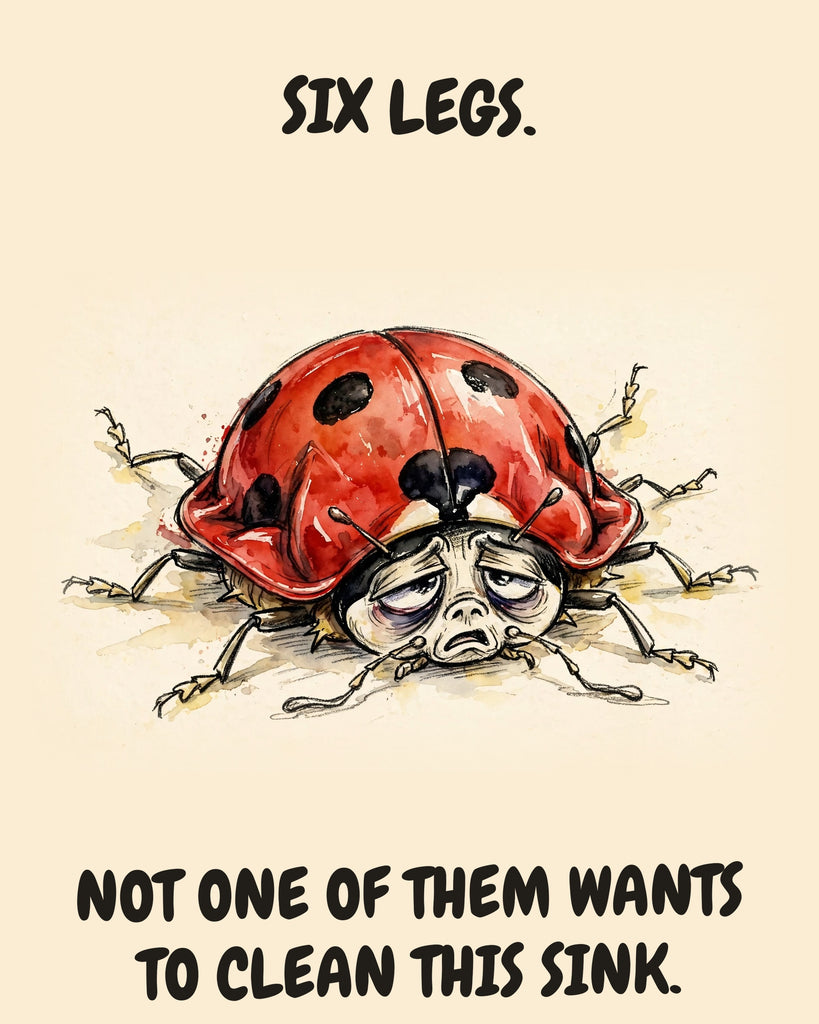 Ladybug watercolor art print with the saying "SIX LEGS. NOT ONE OF THEM WANTS TO CLEAN THIS SINK."