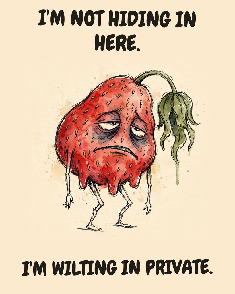Strawberry watercolor art print with the saying "I'M NOT HIDING IN HERE. I'M WILTING IN PRIVATE."
