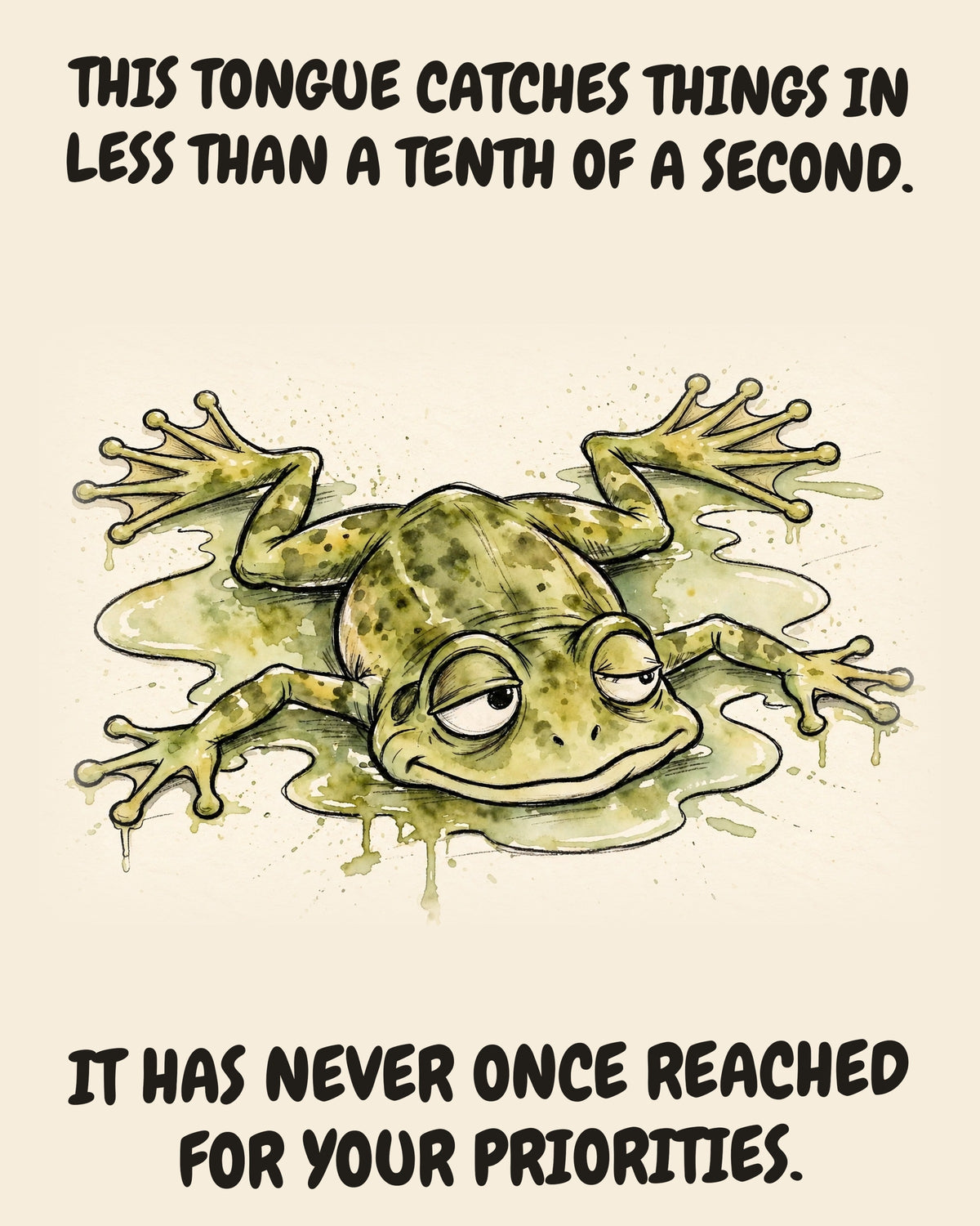 Unbothered Frog office art print in watercolor style, an unbothered frog in a moment of perfect workplace serenity, captioned “THIS TONGUE CATCHES THINGS IN LESS THAN A TENTH OF A SECOND. IT HAS NEVER ONCE REACHED FOR YOUR PRIORITIES.”