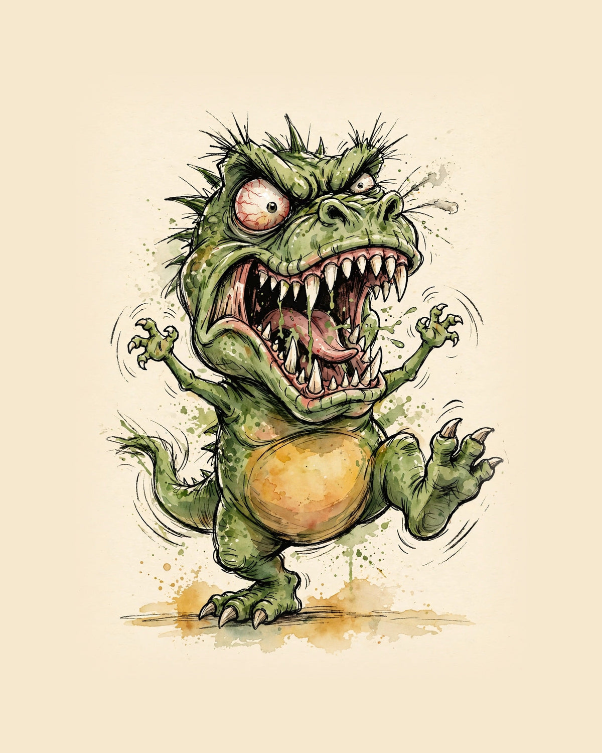 Wordless furious Green Dinosaur watercolor art print — the artwork alone on a warm cream background, no text