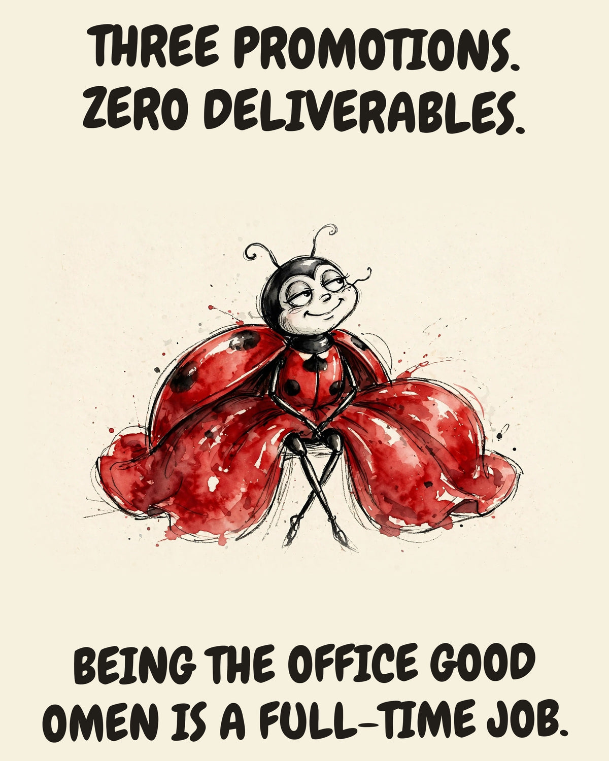 Ladybug watercolor art print with the saying "THREE PROMOTIONS. ZERO DELIVERABLES. BEING THE OFFICE GOOD OMEN IS A FULL-TIME JOB."