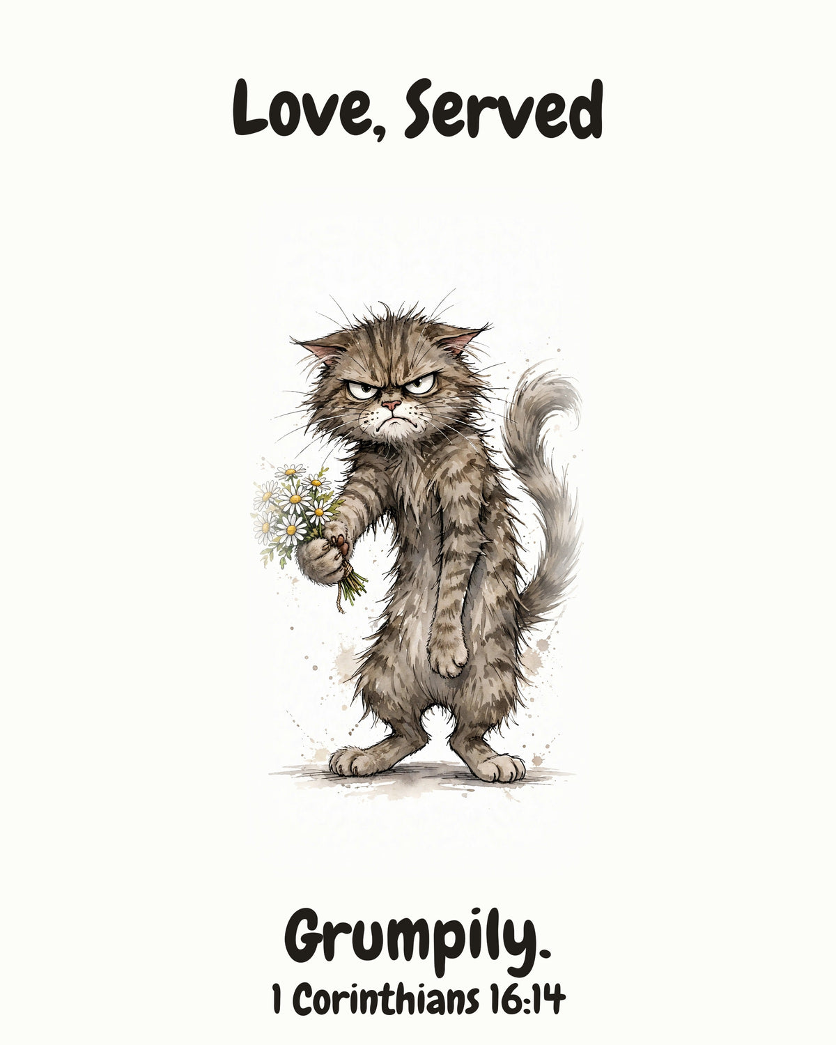 HOLY MOLY! Grumpy Cat watercolor art print with the headline "Love, Served Grumpily." — 1 Corinthians 16:14