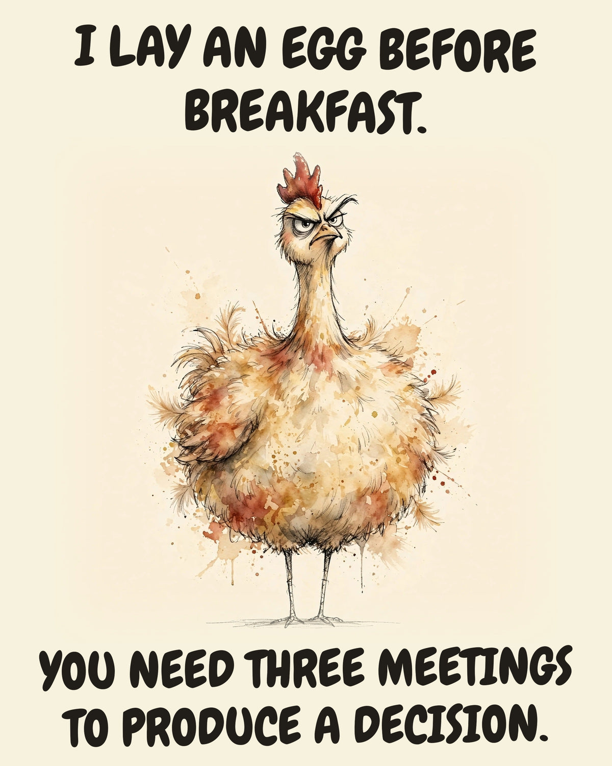 Chicken watercolor art print with the saying "I LAY AN EGG BEFORE BREAKFAST. YOU NEED THREE MEETINGS TO PRODUCE A DECISION."