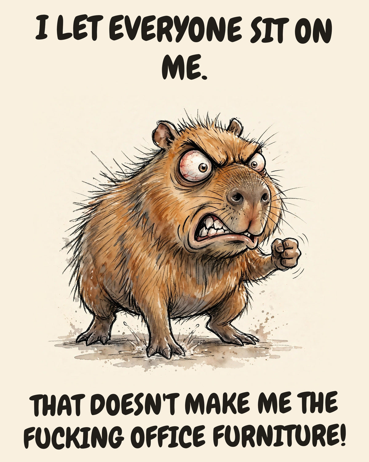 Capybara watercolor art print with the saying "I LET EVERYONE SIT ON ME. THAT DOESN'T MAKE ME THE FUCKING OFFICE FURNITURE!"