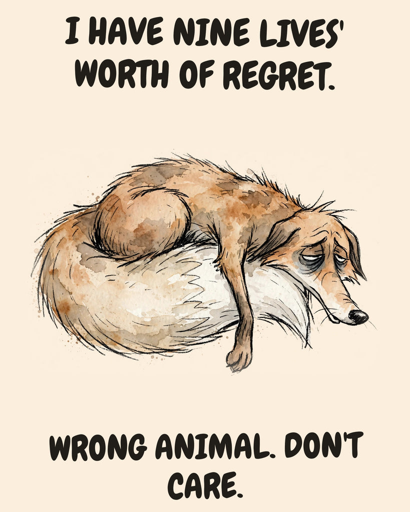 Fox watercolor art print with the saying "I HAVE NINE LIVES' WORTH OF REGRET. WRONG ANIMAL. DON'T CARE."