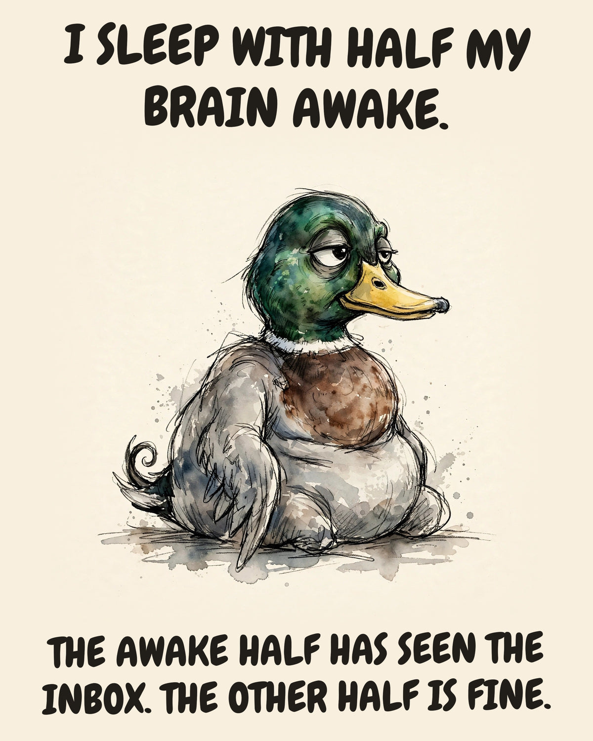 Unbothered Mallard office art print in watercolor style, an unbothered mallard in a moment of perfect workplace serenity, captioned “I SLEEP WITH HALF MY BRAIN AWAKE. THE AWAKE HALF HAS SEEN THE INBOX. THE OTHER HALF IS FINE.”