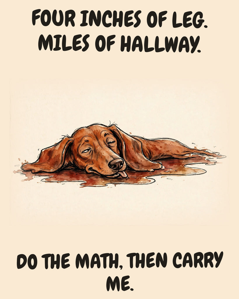 Dachshund watercolor art print with the saying "FOUR INCHES OF LEG. MILES OF HALLWAY. DO THE MATH, THEN CARRY ME."