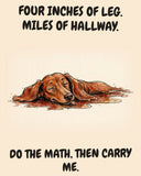 Dachshund watercolor art print with the saying "FOUR INCHES OF LEG. MILES OF HALLWAY. DO THE MATH, THEN CARRY ME."