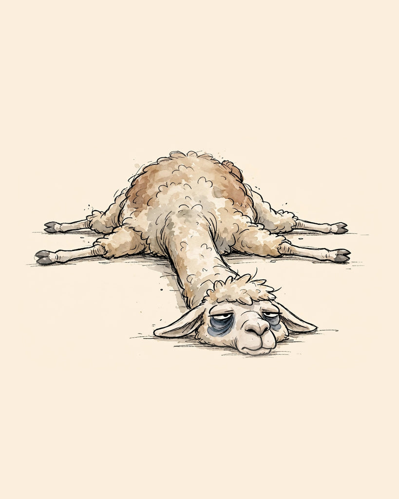 Wordless exhausted Llama watercolor art print — the artwork alone on a warm cream background, no text
