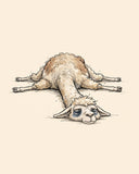 Wordless exhausted Llama watercolor art print — the artwork alone on a warm cream background, no text