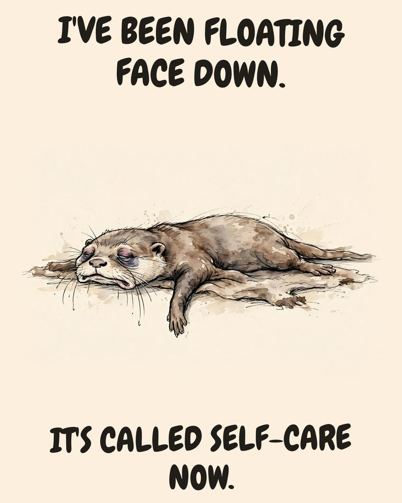 Otter watercolor art print with the saying "I'VE BEEN FLOATING FACE DOWN. IT'S CALLED SELF-CARE NOW."