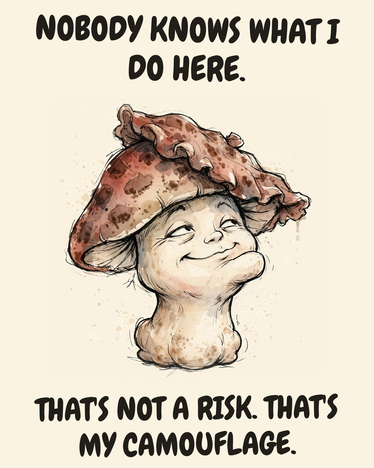 Mushroom watercolor art print with the saying "NOBODY KNOWS WHAT I DO HERE. THAT'S NOT A RISK. THAT'S MY CAMOUFLAGE."