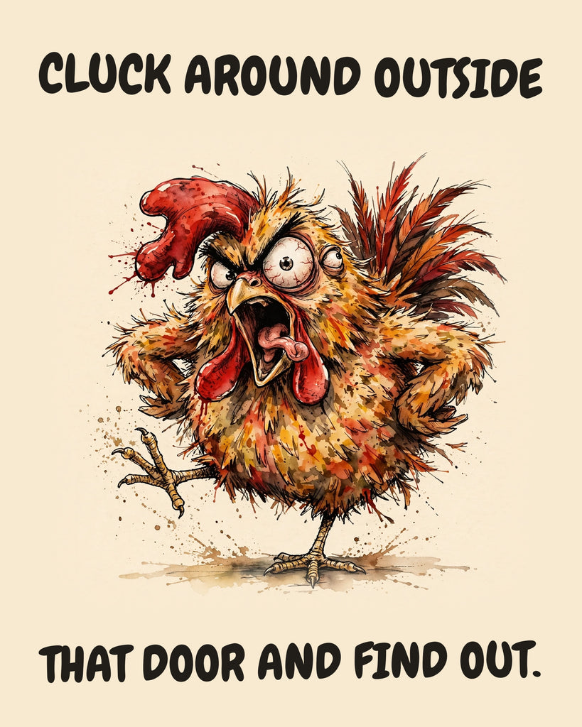 Chicken watercolor art print with the saying "CLUCK AROUND OUTSIDE THAT DOOR AND FIND OUT."