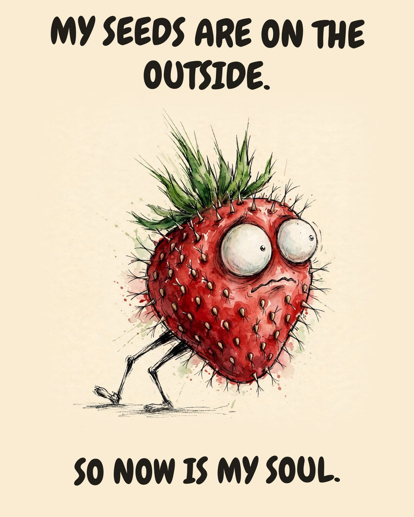 Strawberry watercolor art print with the saying "MY SEEDS ARE ON THE OUTSIDE. SO NOW IS MY SOUL."