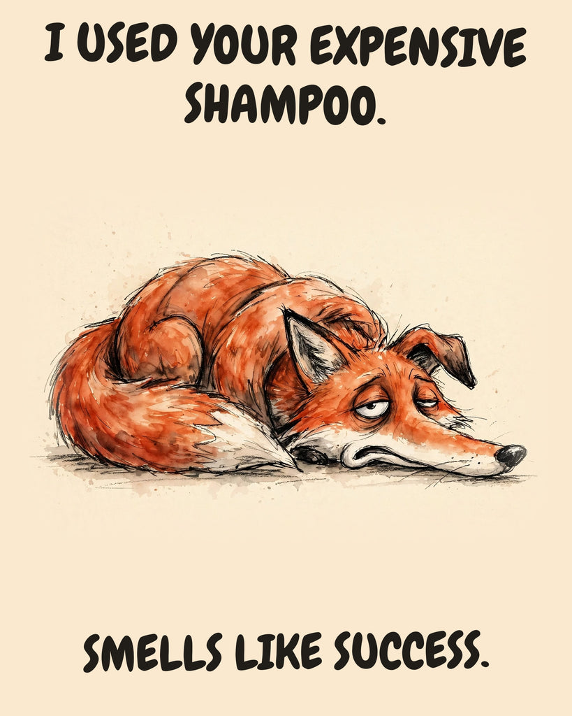 Fox watercolor art print with the saying "I USED YOUR EXPENSIVE SHAMPOO. SMELLS LIKE SUCCESS."