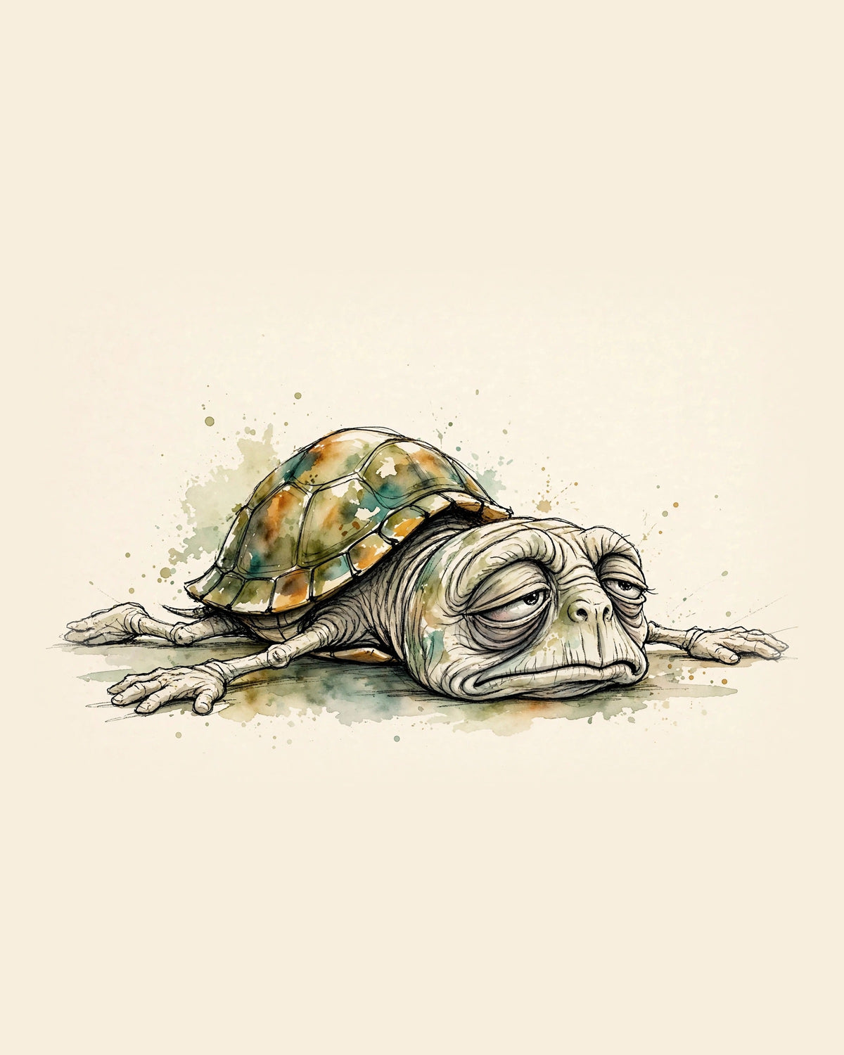 Wordless exhausted Turtle watercolor art print — the artwork alone on a warm cream background, no text