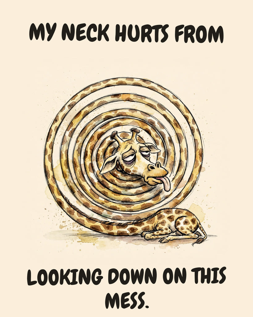 Giraffe watercolor art print with the saying "MY NECK HURTS FROM LOOKING DOWN ON THIS MESS."