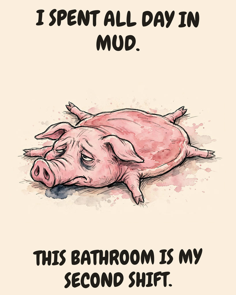 Pig watercolor art print with the saying "I SPENT ALL DAY IN MUD. THIS BATHROOM IS MY SECOND SHIFT."