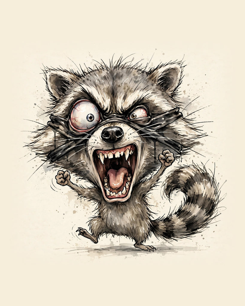 Wordless furious Raccoon watercolor art print — the artwork alone on a warm cream background, no text