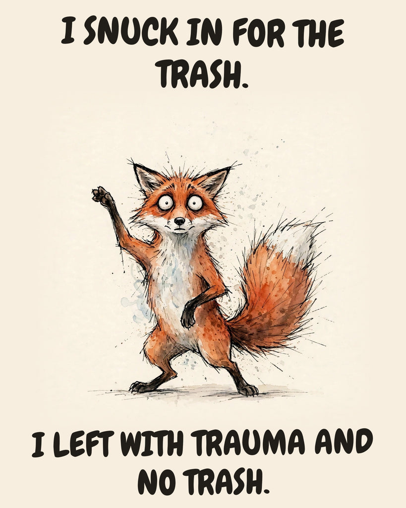 Fox watercolor art print with the saying "I SNUCK IN FOR THE TRASH. I LEFT WITH TRAUMA AND NO TRASH."