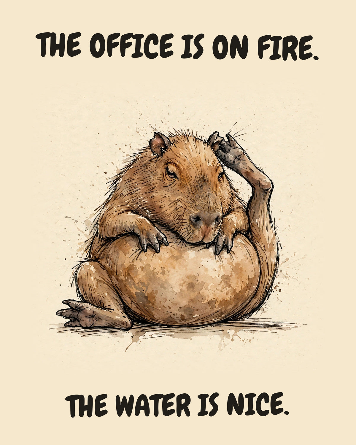 Unbothered Capybara office art print in watercolor style, an unbothered capybara in a moment of perfect workplace serenity, captioned “THE OFFICE IS ON FIRE. THE WATER IS NICE.”